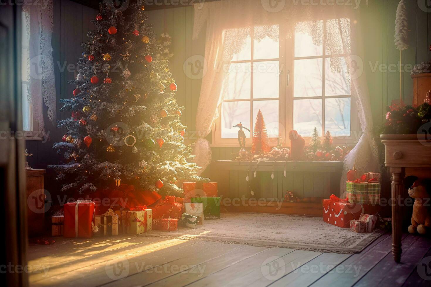 a large, beautifully decorated tree with gifts on a sunny Christmas morning photo