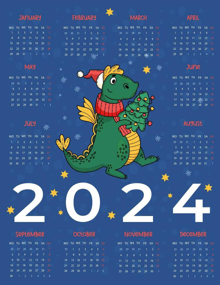 2024 annual calendar Cute dragon with Christmas tree on blue background. Vector vertical template 12 months in English. Week on Monday. 2024 year dragon according to eastern calendar