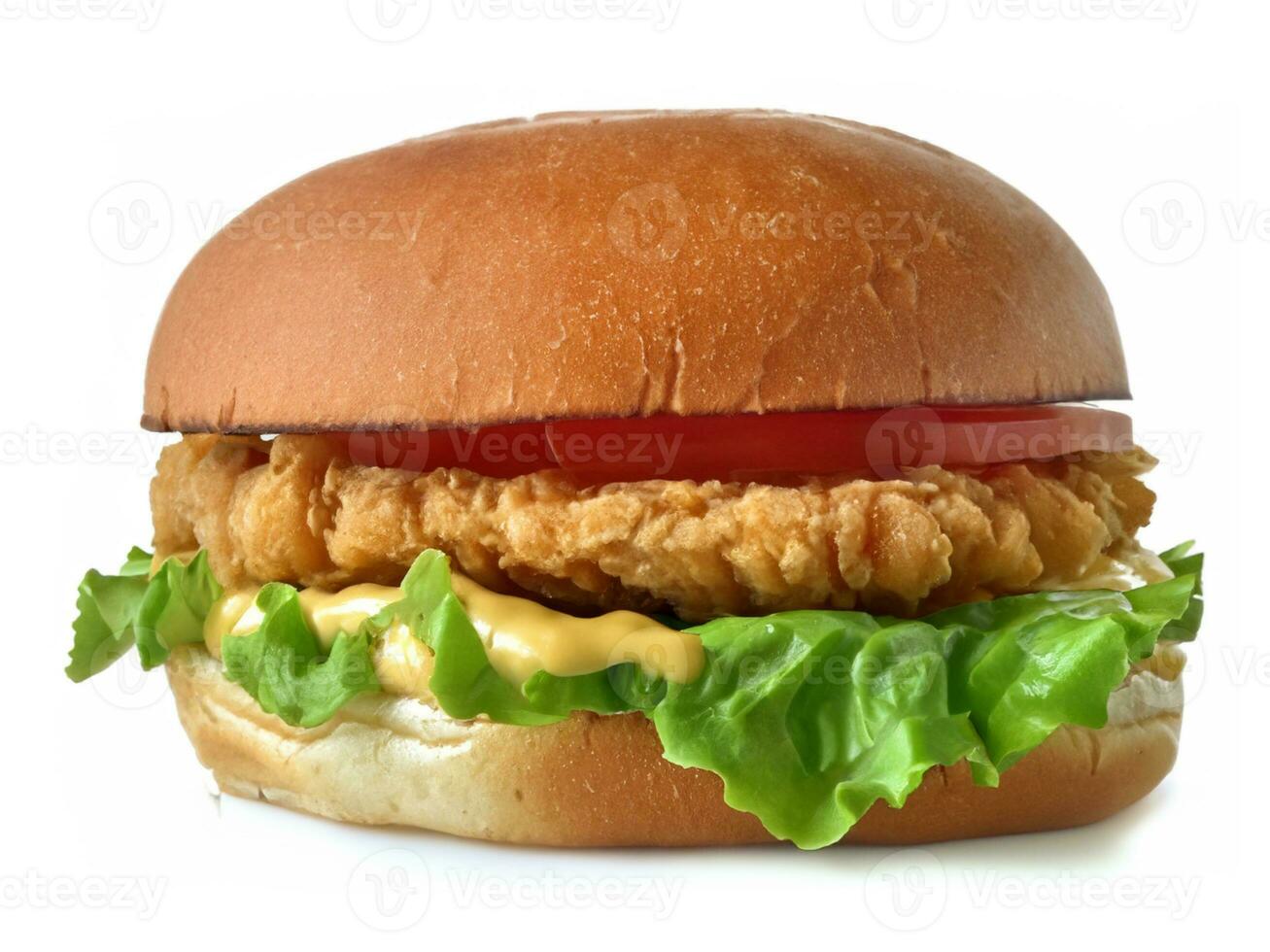 burger with chicken and lettuce on white background photo