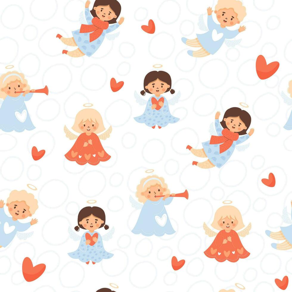 Christmas kids seamless pattern. Cute angel girls with trumpet and blond boy on white background. Vector illustration in cartoon style. Cute Xmas winter kids collection.