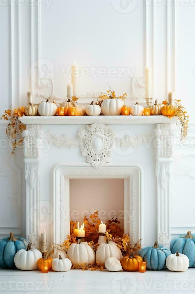 Interior of a white room with a fireplace, candles and decorative pumpkins. Autumn home decor concept. AI Generative photo