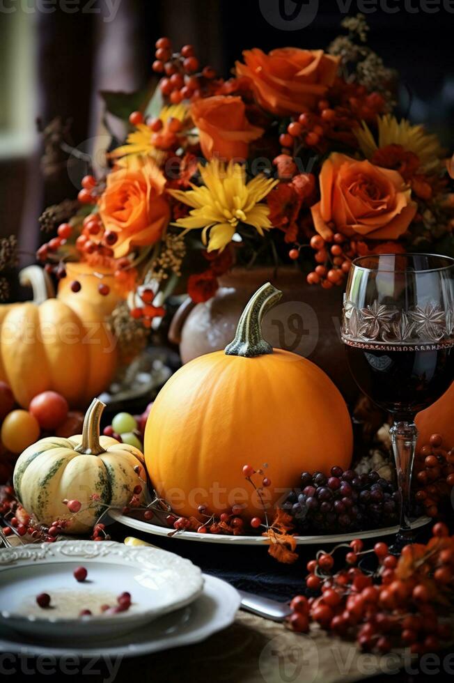 Pumpkin and flowers for a festive Thanksgiving table. Festive table setting concept. AI Generative. photo