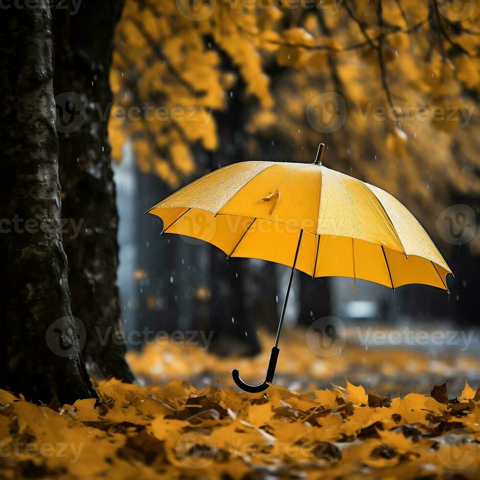 Yellow umbrella under rain in autumn park. Autumn season comes concept. AI Generative photo