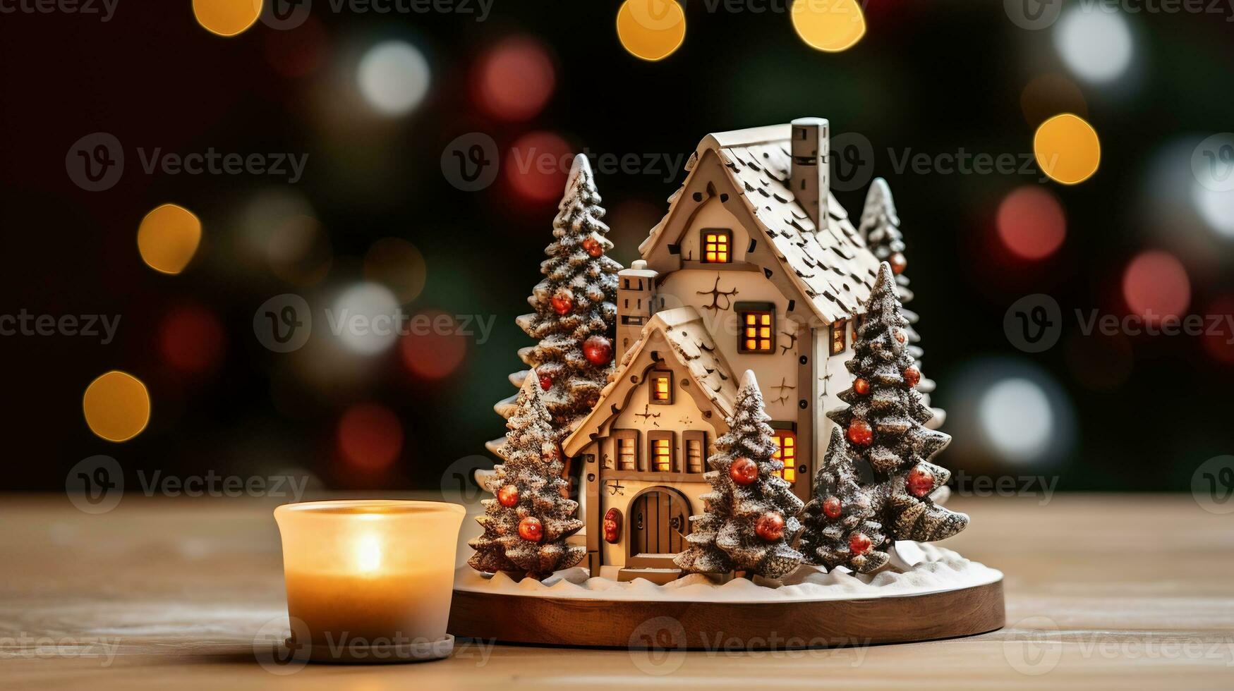 decorativo miniatura casa con Navidad arboles en nieve con vela. comodidad hogar decoraciones para el Navidad vacaciones. ai generativo foto