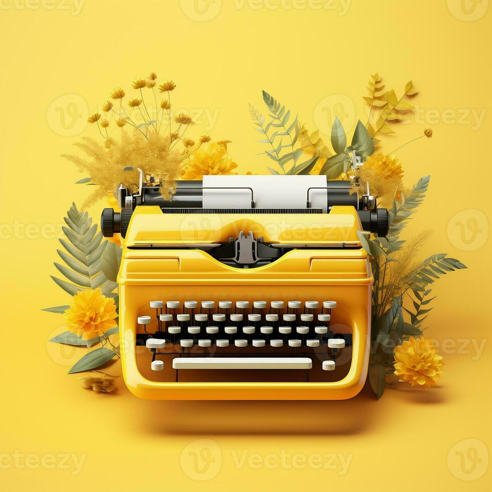 Yellow typewriter with flowers on yellow background. Inspiration for writing concept. AI Generated. photo