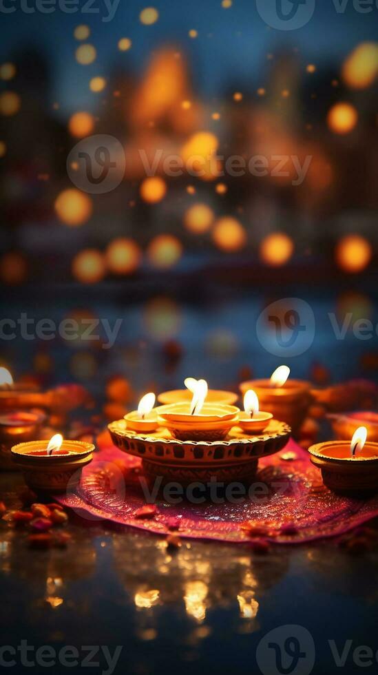 Many candles lights celebrate Indian Holiday Diwali. AI Generative photo