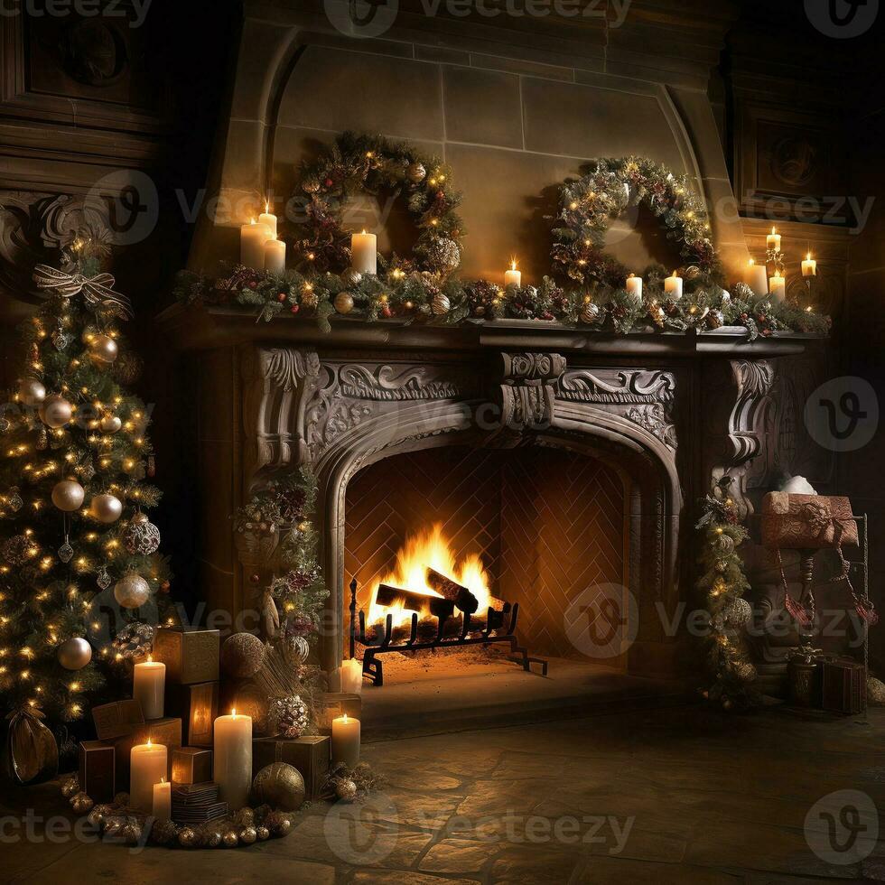 hogar con Navidad árbol decoraciones, velas y presenta acogedor Navidad hogar. ai generativo. foto