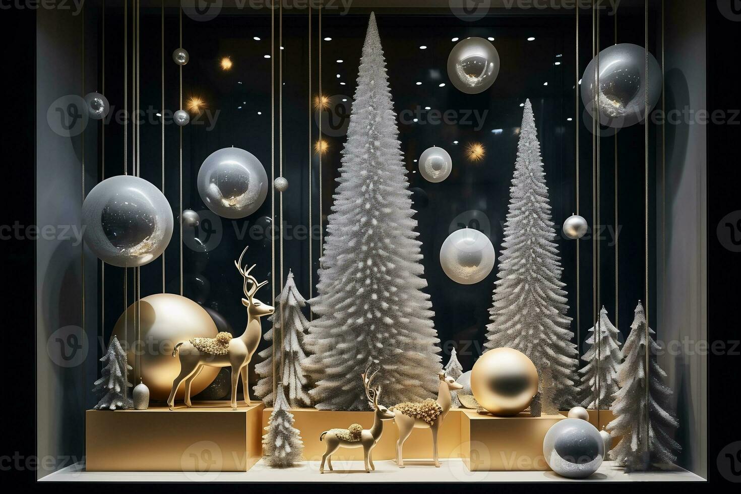 Shop Window with festive Christmas decorations. AI Generative. photo