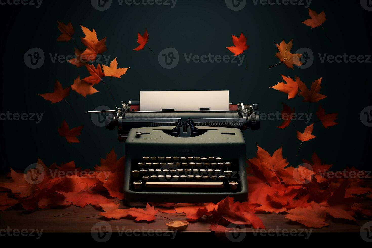 Typewriter with fall autumn leaves on a dark background. AI generative photo