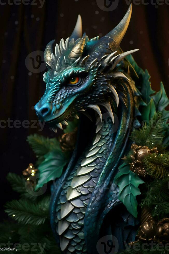 Dragon symbol of New Year 2024. Turquoise dragon AI Generative photo