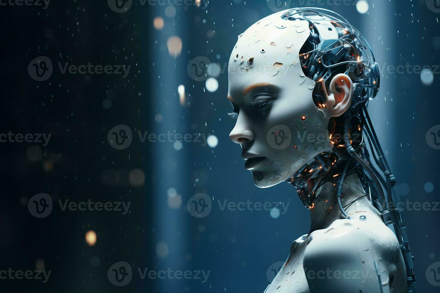 Old robot portrait on dark background. Artificial intelligence concept. AI Generated. photo