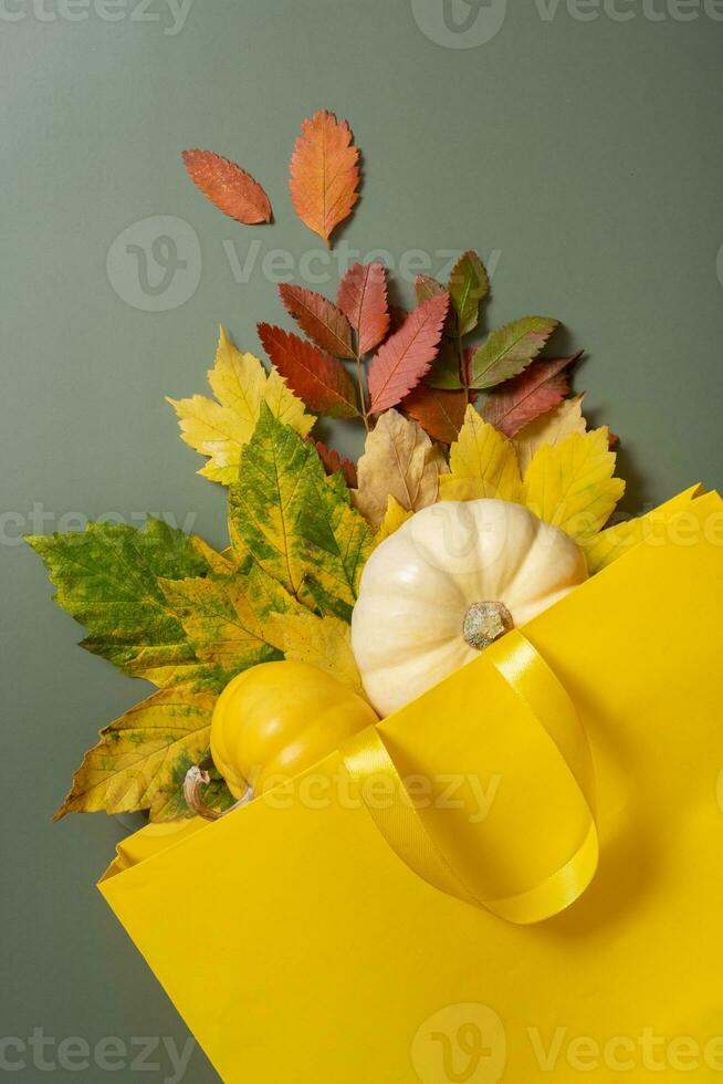 Autumn shopping and sales concept. Flat lay autumn fallen leaves and a shopping bag on a green background photo