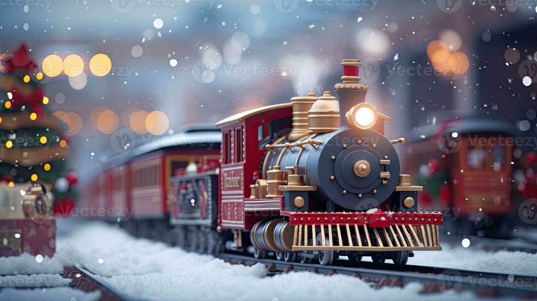 AI Generative Christmas toy train in the snow. Christmas and New Year background. photo