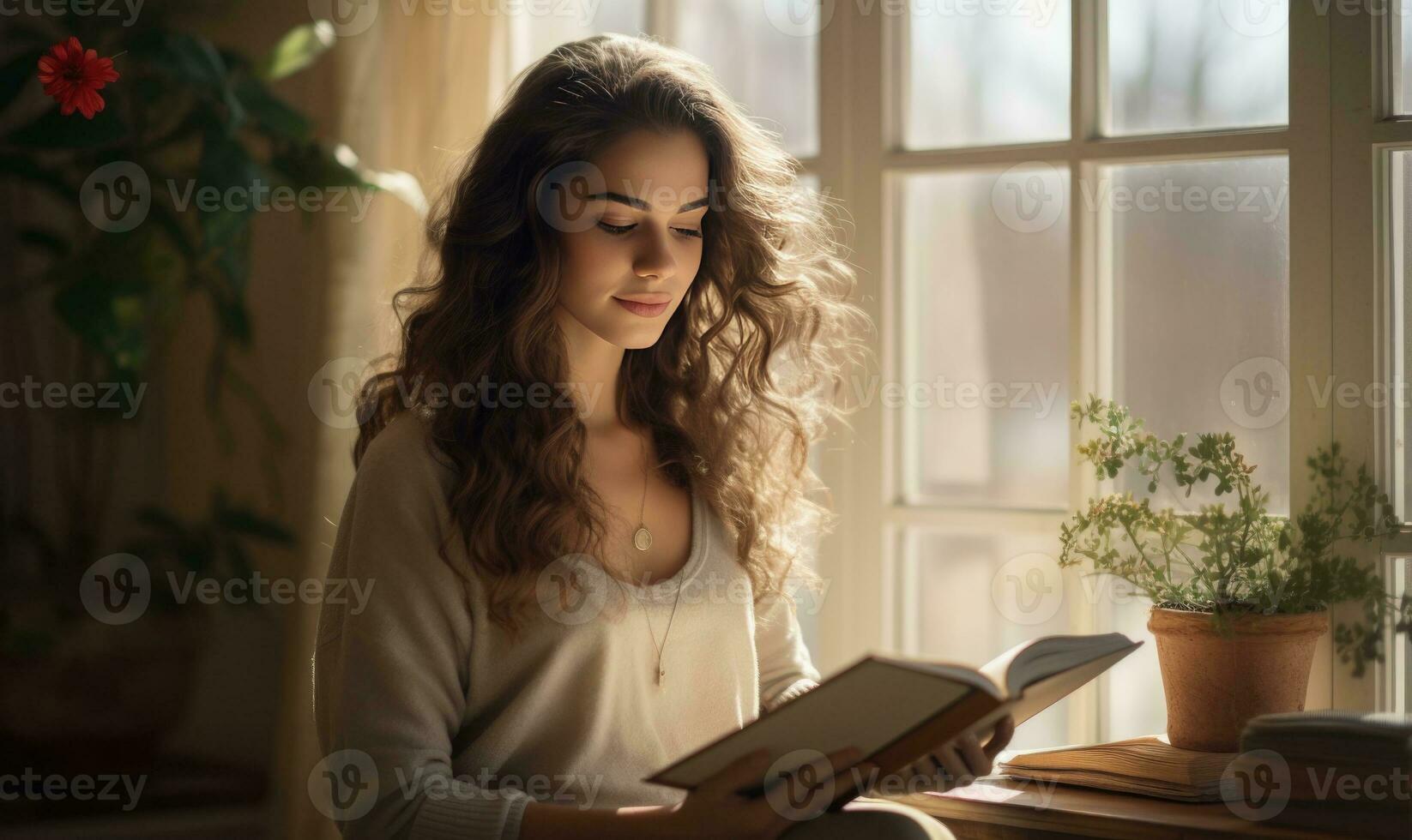 Beautiful woman stand near the window and read a book. Ai generated photo