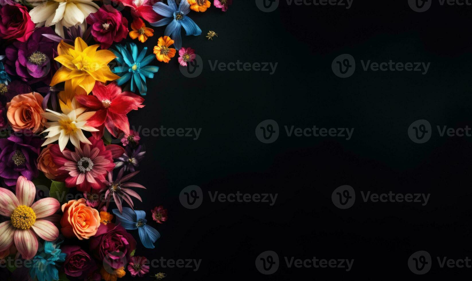 Ai generated Autumn flowers frame on wooden background. Seasonal yellow and red flowers. Autumn background. Space for text. photo