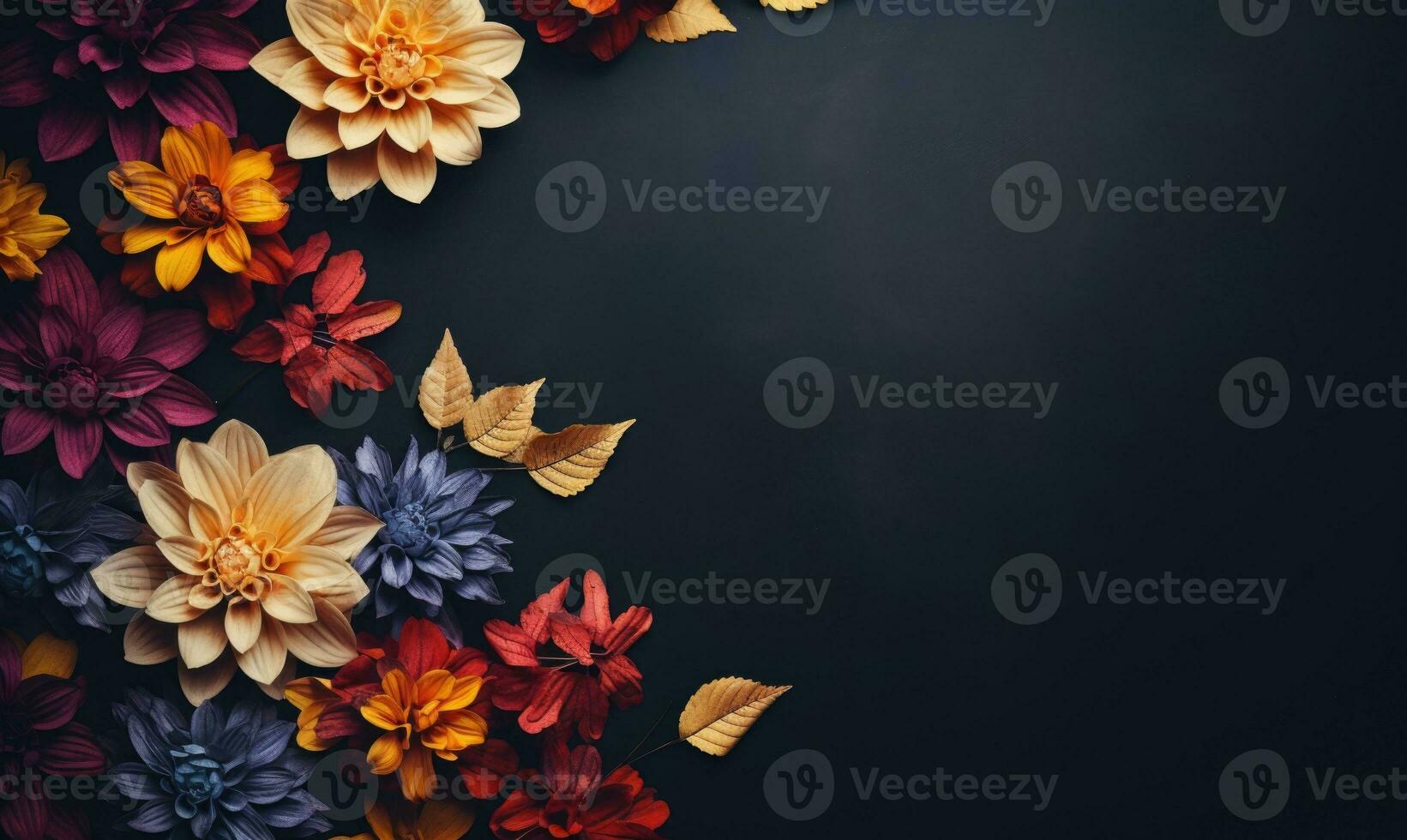 Ai generated Autumn flowers frame on wooden background. Seasonal yellow and red flowers. Autumn background. Space for text. photo