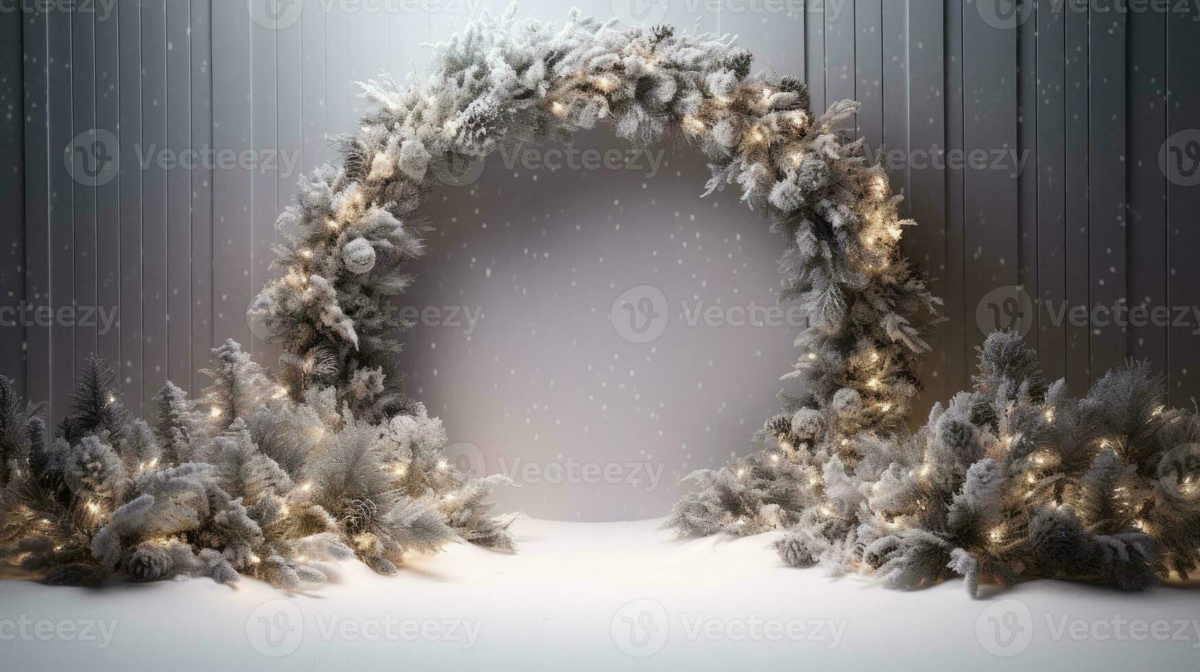 AI Generative Winter forest with snow covered trees. Christmas and New Year background. Christmas wreath with empty space for text. photo