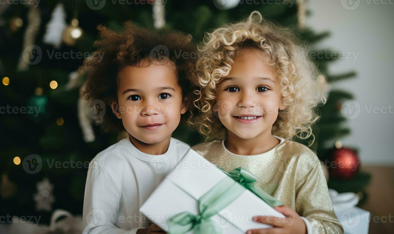 ai generado dos niños deshacer Navidad regalos juntos. niños en blanco guirnalda cerca Navidad árbol. familia concepto. foto