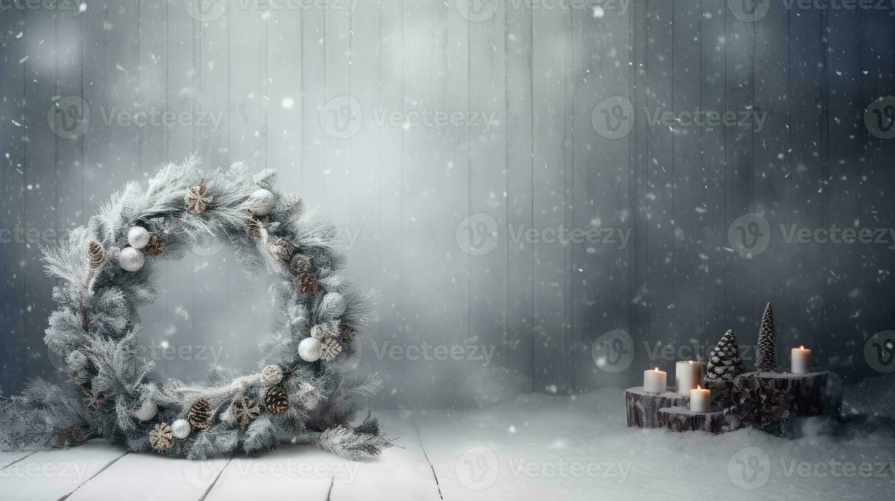 AI Generative Winter forest with snow covered trees. Christmas and New Year background. Christmas wreath with empty space for text. photo