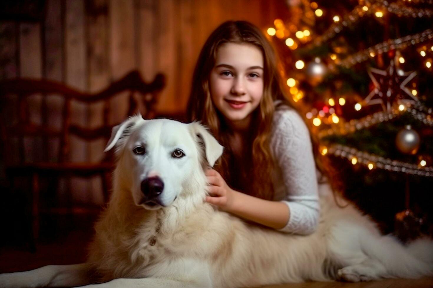 girl with a dog near a glowing Christmas tree. photo