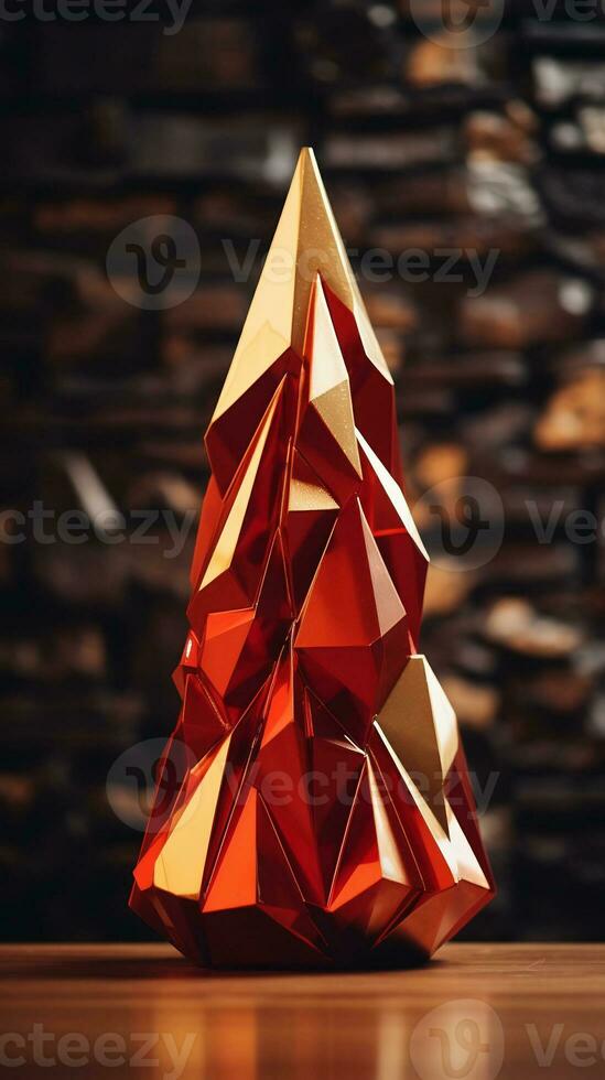 Elegant gold-red Christmas tree in low poly art style. Minimalistic Christmas tree. photo