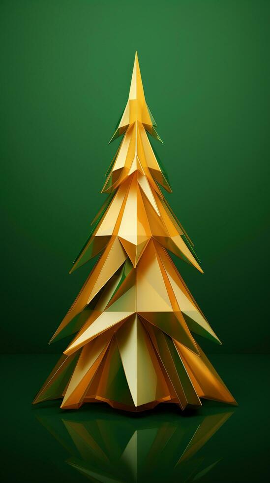 Elegant gold Christmas tree in low poly art on green background. Minimalistic Christmas tree photo