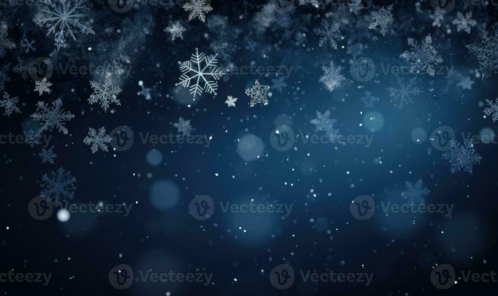 Ai generated Falling snowflakes on blue background. Blurred snowflakes. Christmas background. photo