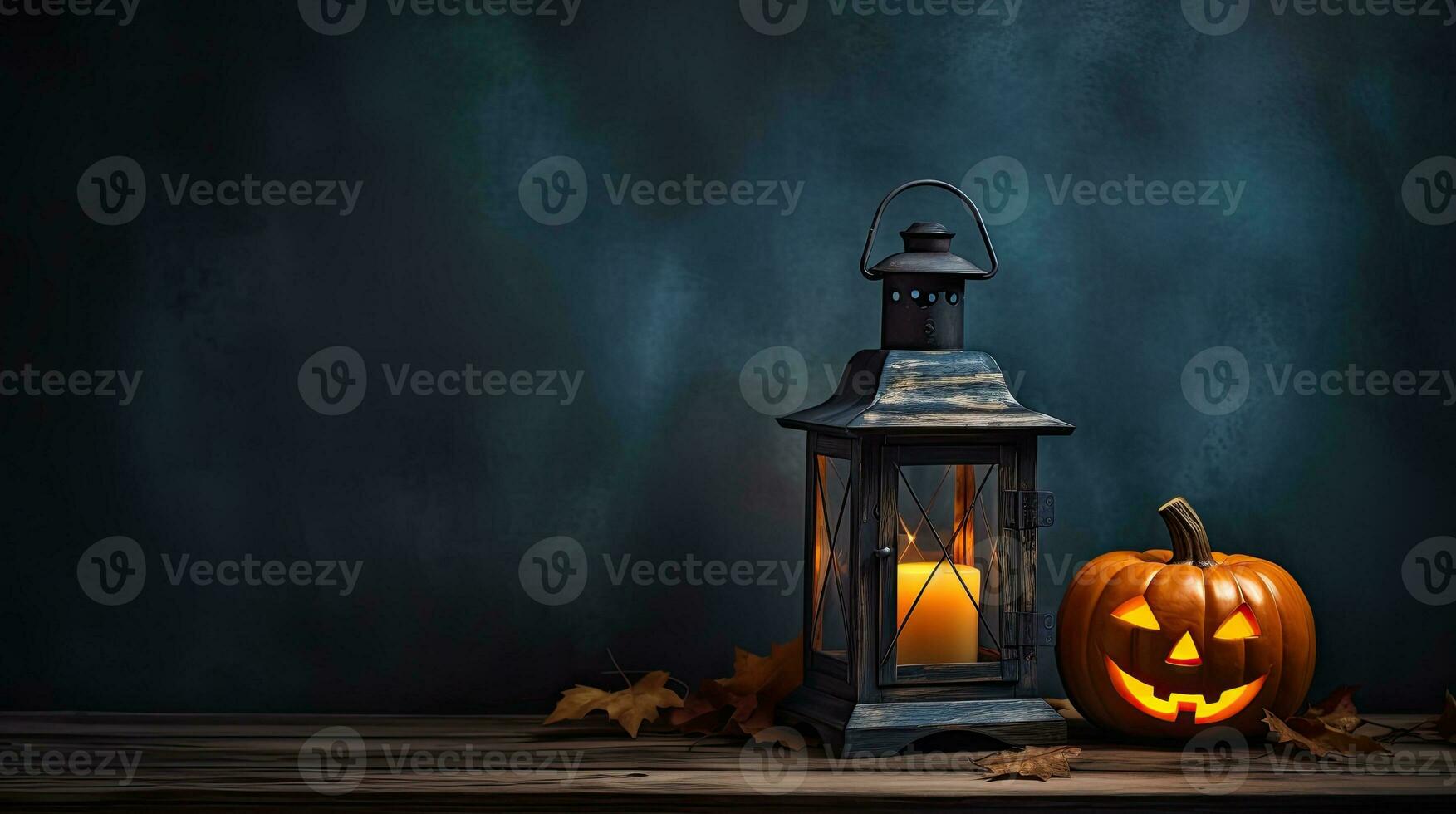 AI Generative Jack lantern on the table. Halloween night. Burning candles. Halloween background. photo