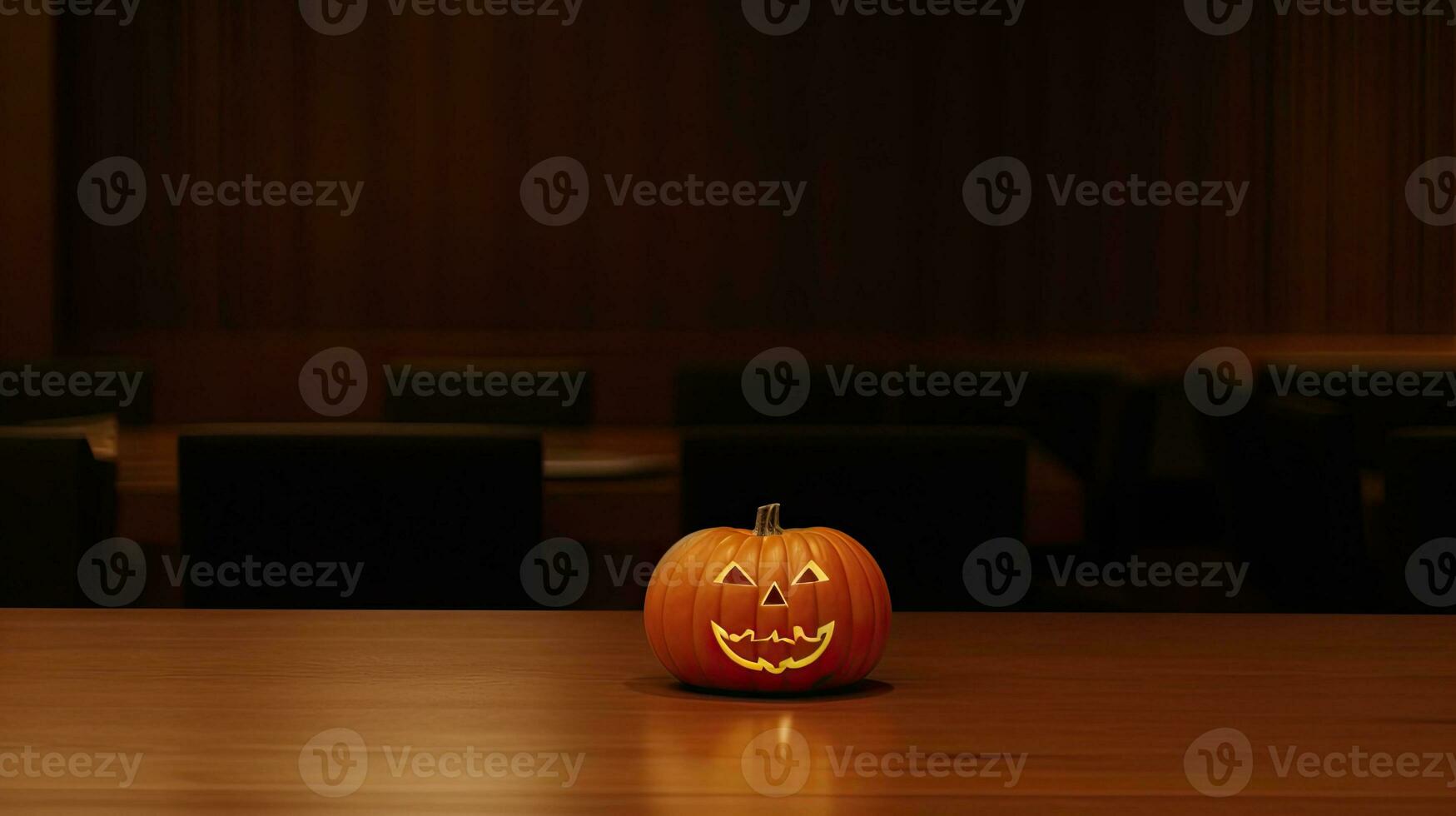 AI Generative Halloween pumpkin and candle on wooden table with copy space for text photo
