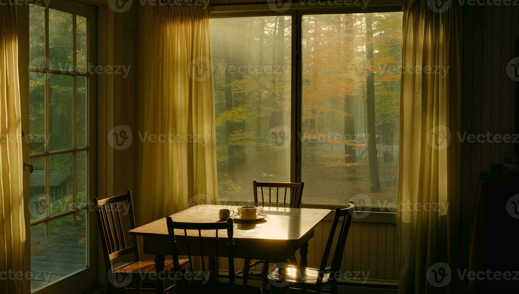 ai generativo interior de un comida habitación con un ventana con vista a el otoño bosque. mesa y cuatro sillas en el habitación cerca el ventana. foto