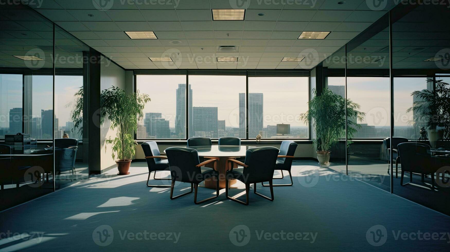 ai generative. Interior of modern office meeting room with panoramic city view photo