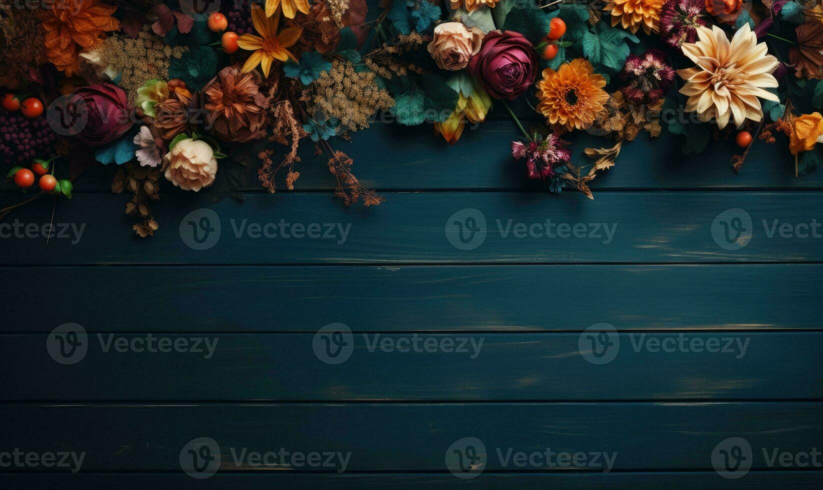 Ai generated Autumn flowers frame on wooden background. Seasonal yellow and red flowers. Autumn background. Space for text. photo