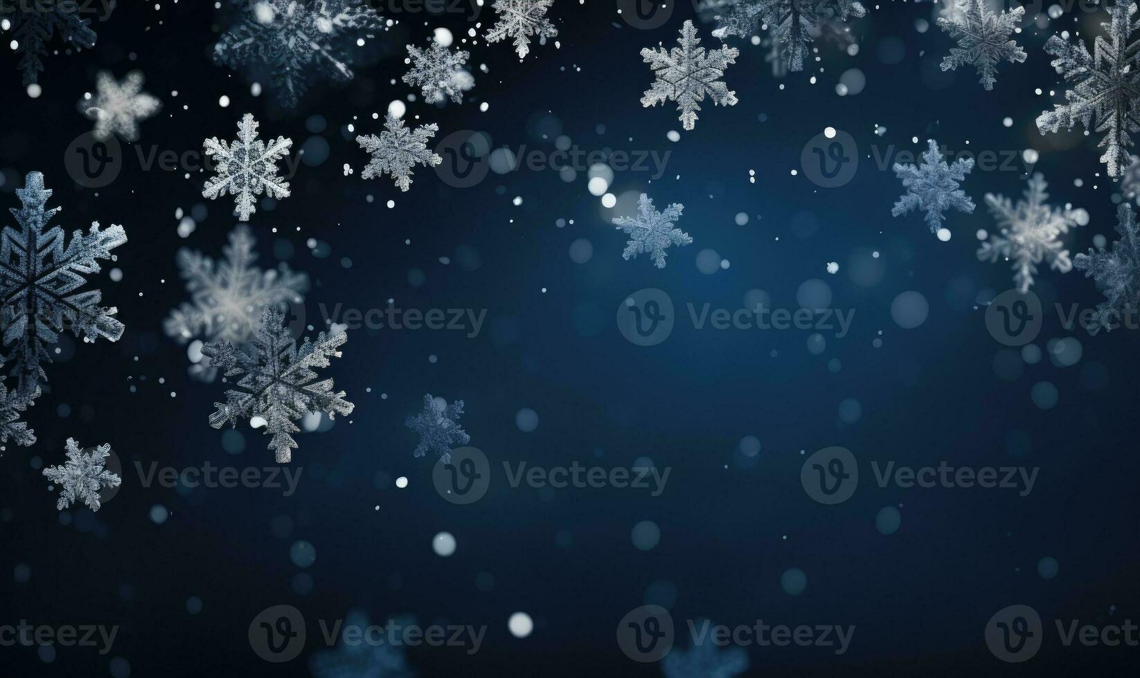 Ai generated Falling snowflakes on blue background. Blurred snowflakes. Christmas background. photo