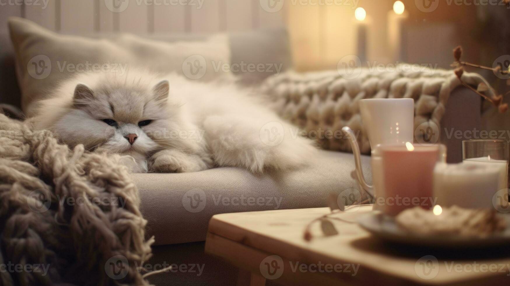 Ai generated Cute cat sleeping on sofa in living room at Christmas time photo