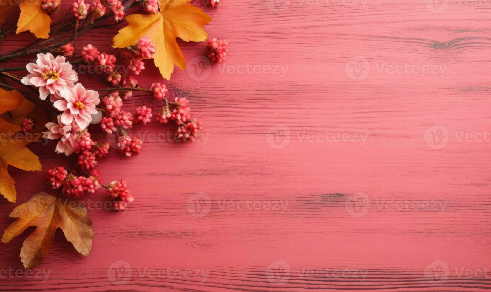 Ai generated Autumn flowers frame on wooden background. Seasonal yellow and red flowers. Autumn background. Space for text. photo