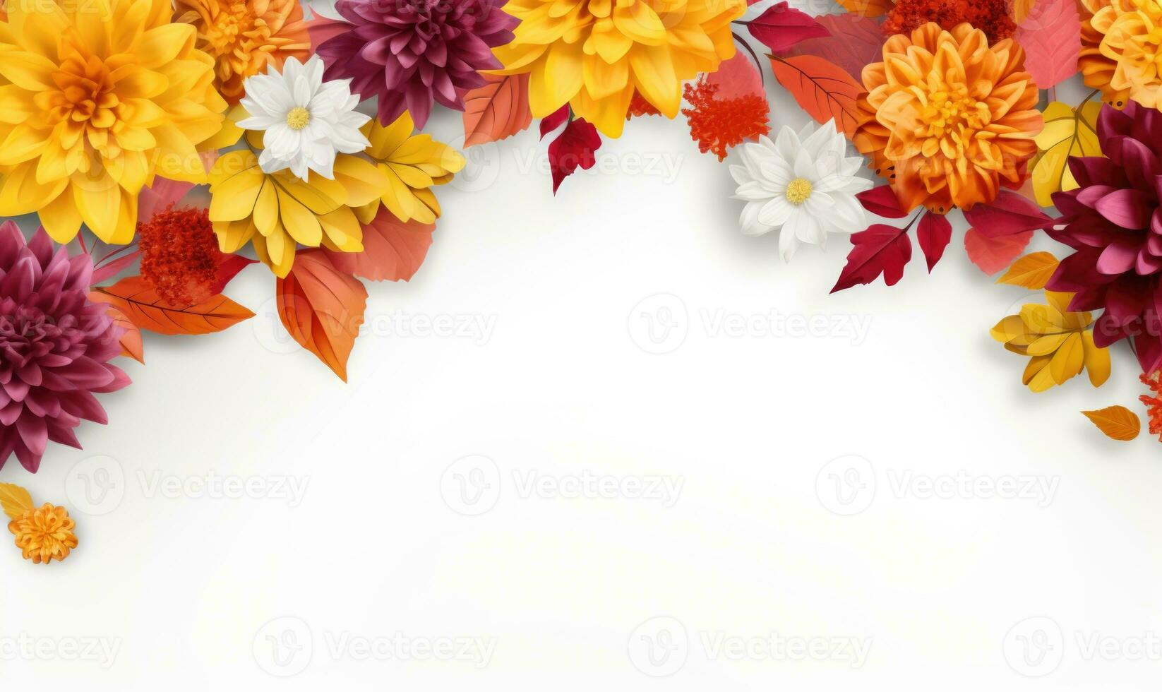 Ai generated flowers frame on wooden background. Seasonal yellow and red flowers. Autumn background. Space for text. photo