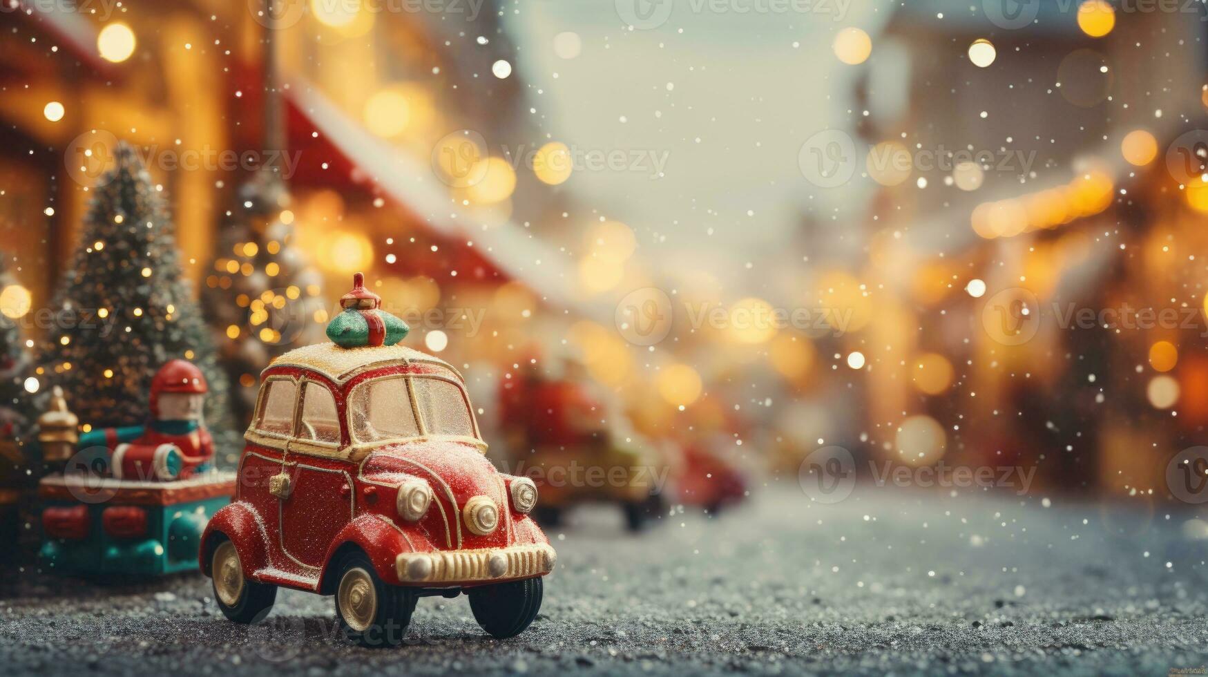 AI Generative Vintage toy car with Christmas tree on background. Christmas concept. photo