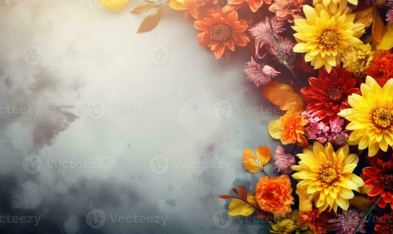 Ai Generated. Autumn flowers frame on wooden background. Seasonal yellow and red flowers. Autumn background. Space for text. photo