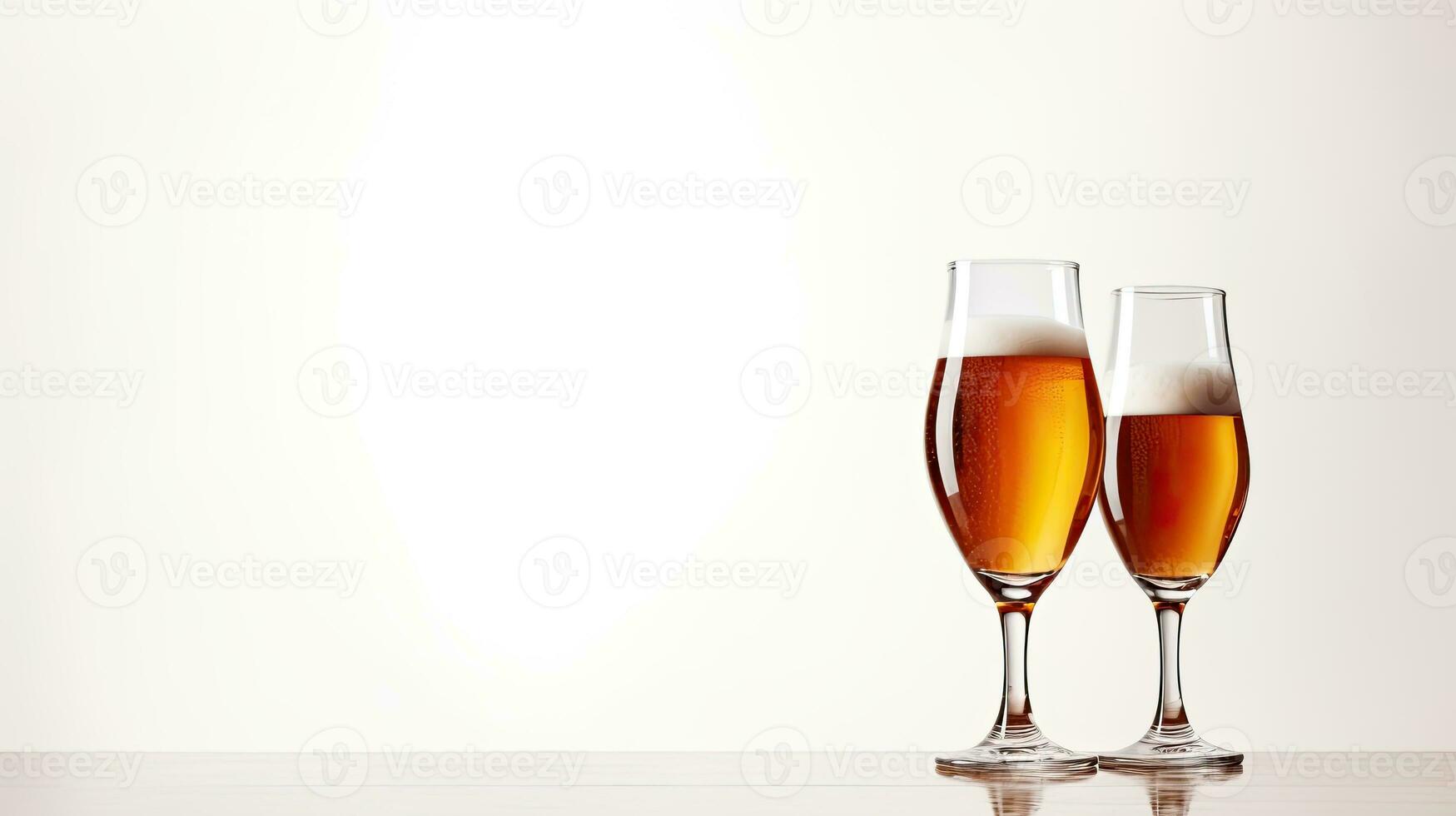 Two glasses of beer on a white background with space for text. AI Generative photo