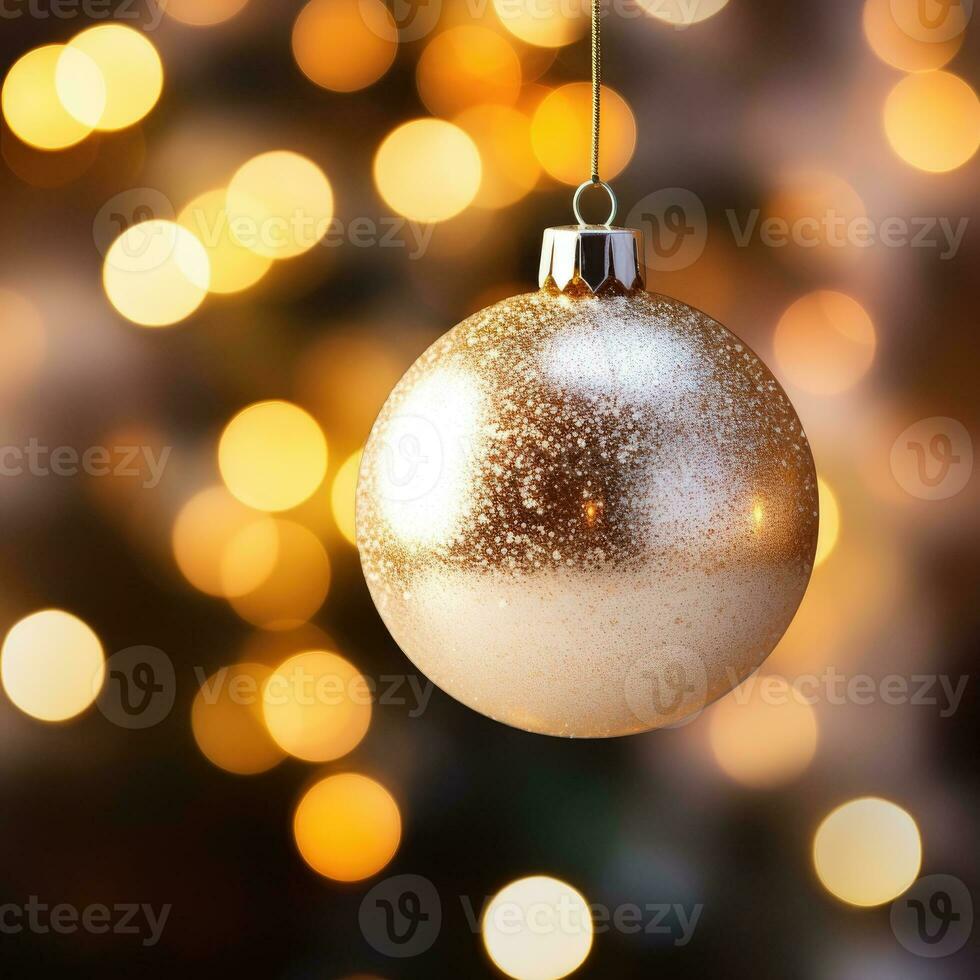 ai generativo blanco Navidad juguete en pino rama. nieve en el pino rama y en el pelota. puesta de sol ligero. suave enfocar. borroso luces. foto