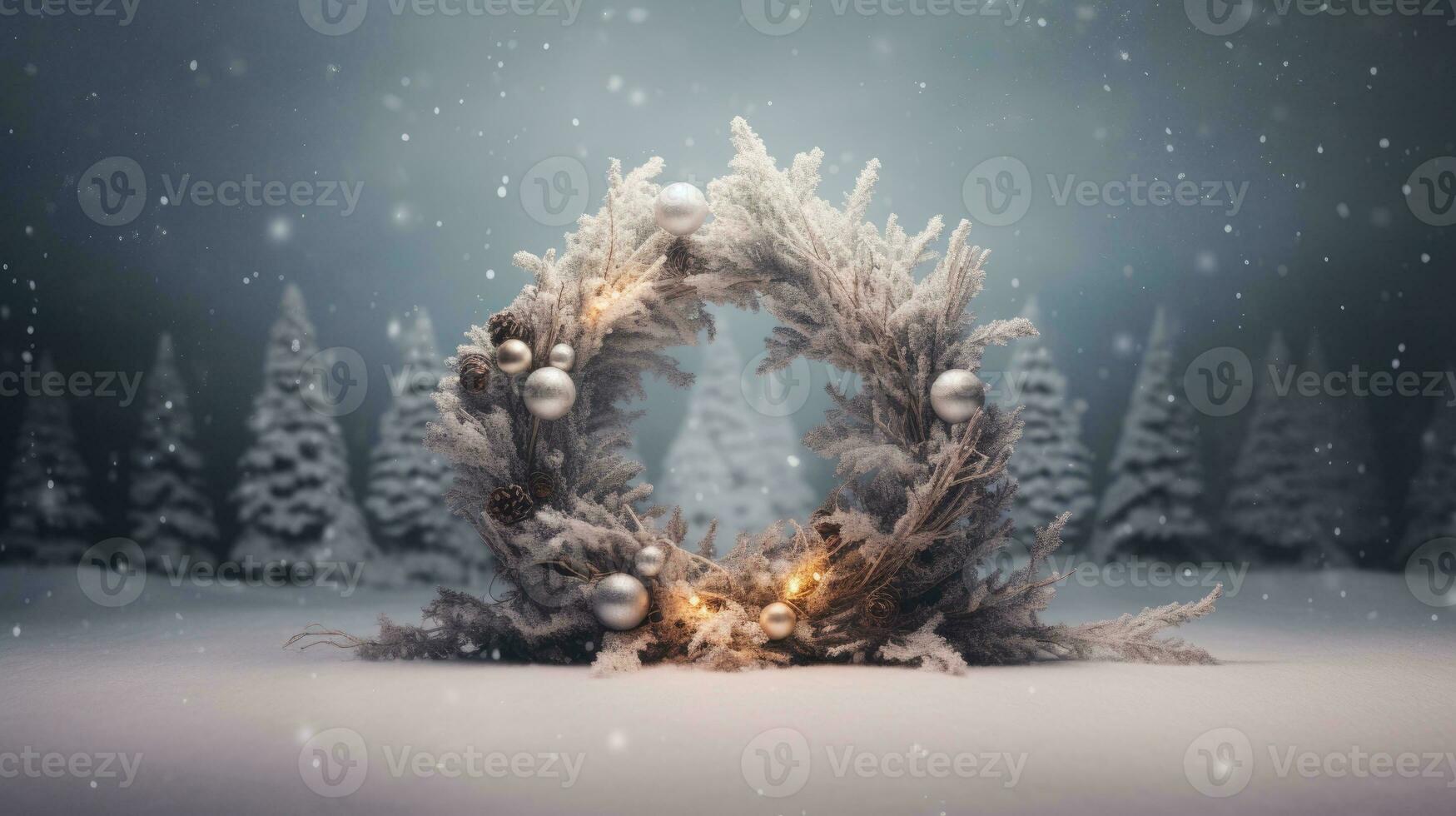 AI Generative Winter forest with snow covered trees. Christmas and New Year background. Christmas wreath with empty space for text. photo