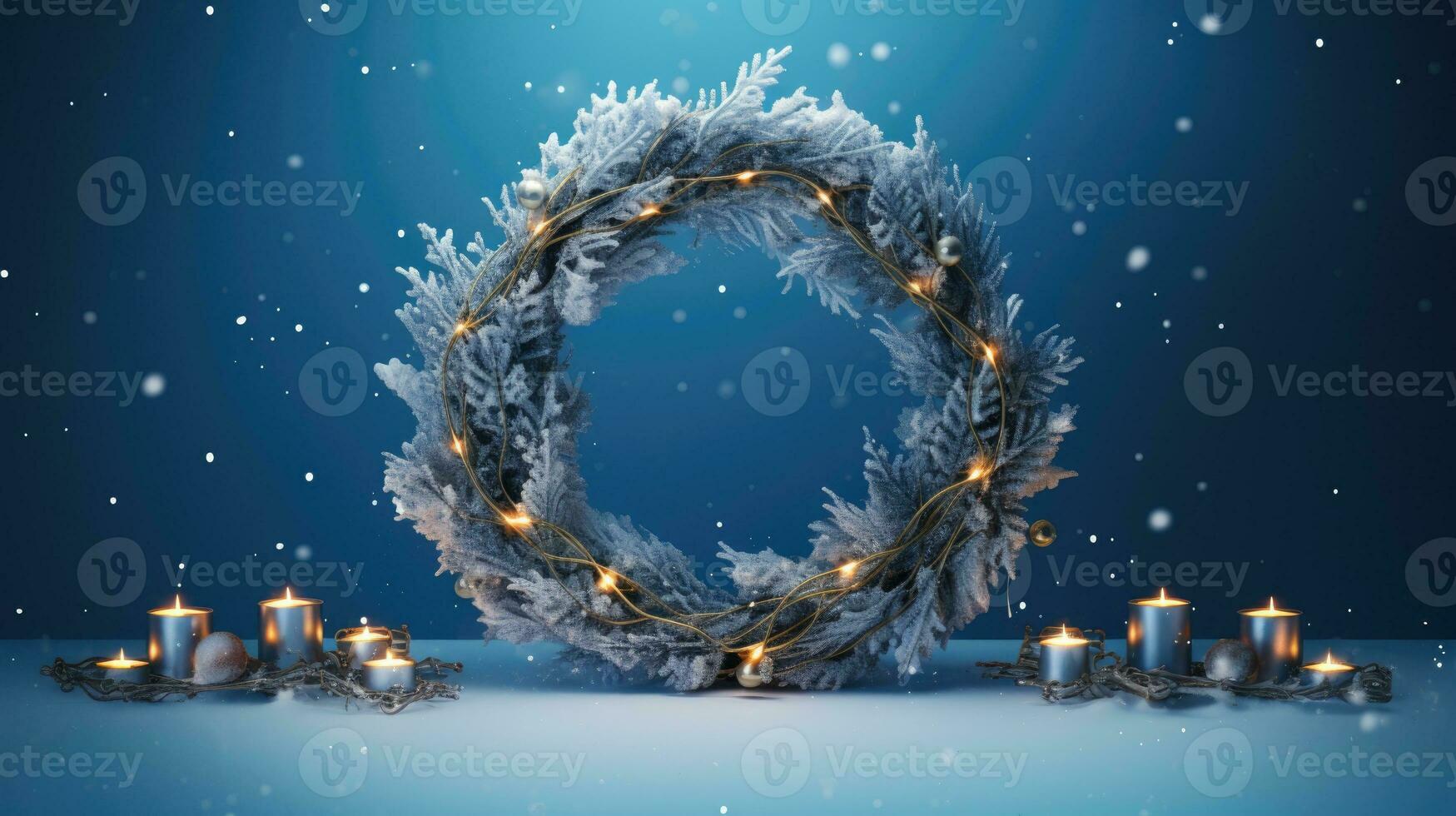 AI Generative Christmas wreath with burning candles and stars on dark blue background. photo