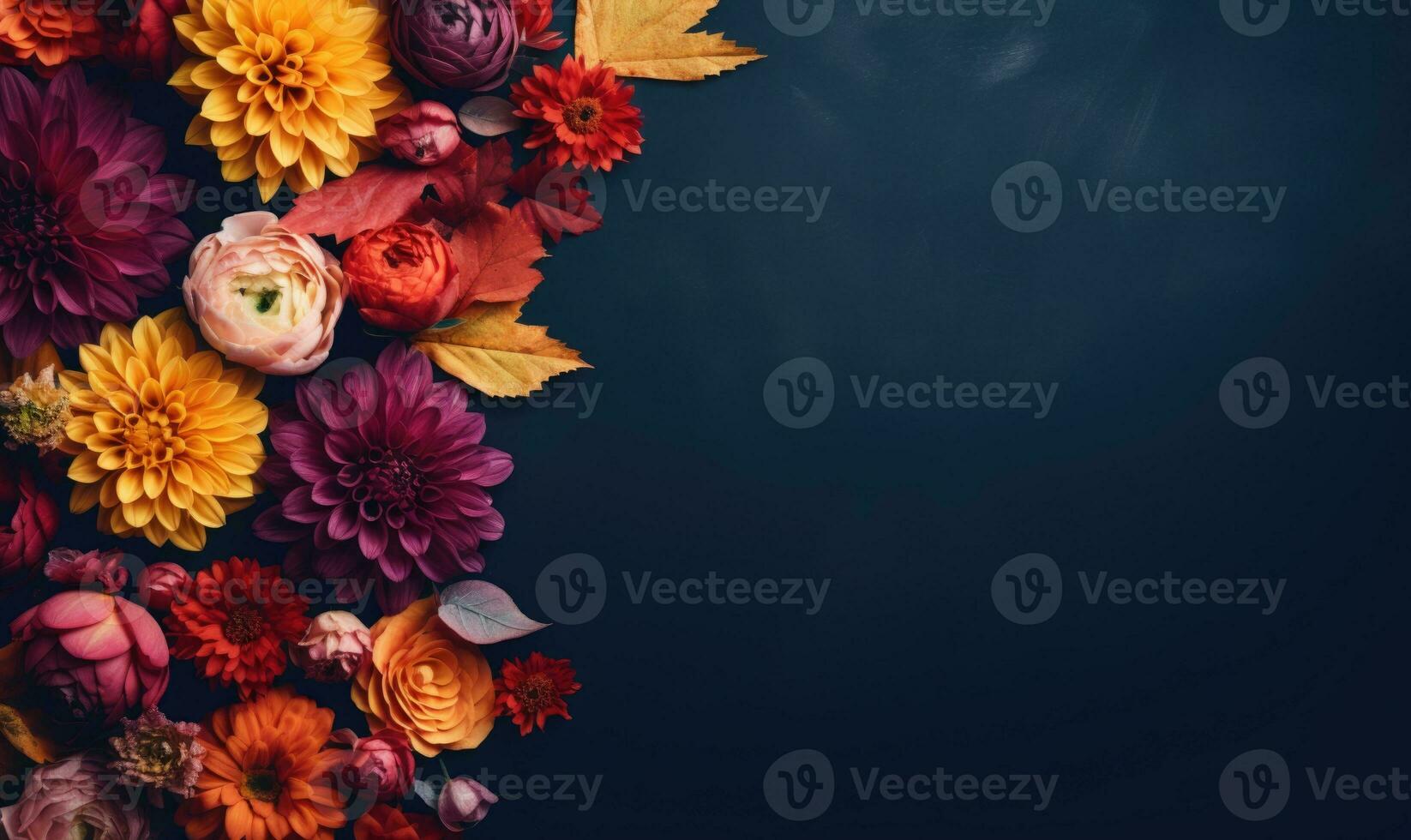 Ai generated Autumn flowers frame on wooden background. Seasonal yellow and red flowers. Autumn background. Space for text. photo