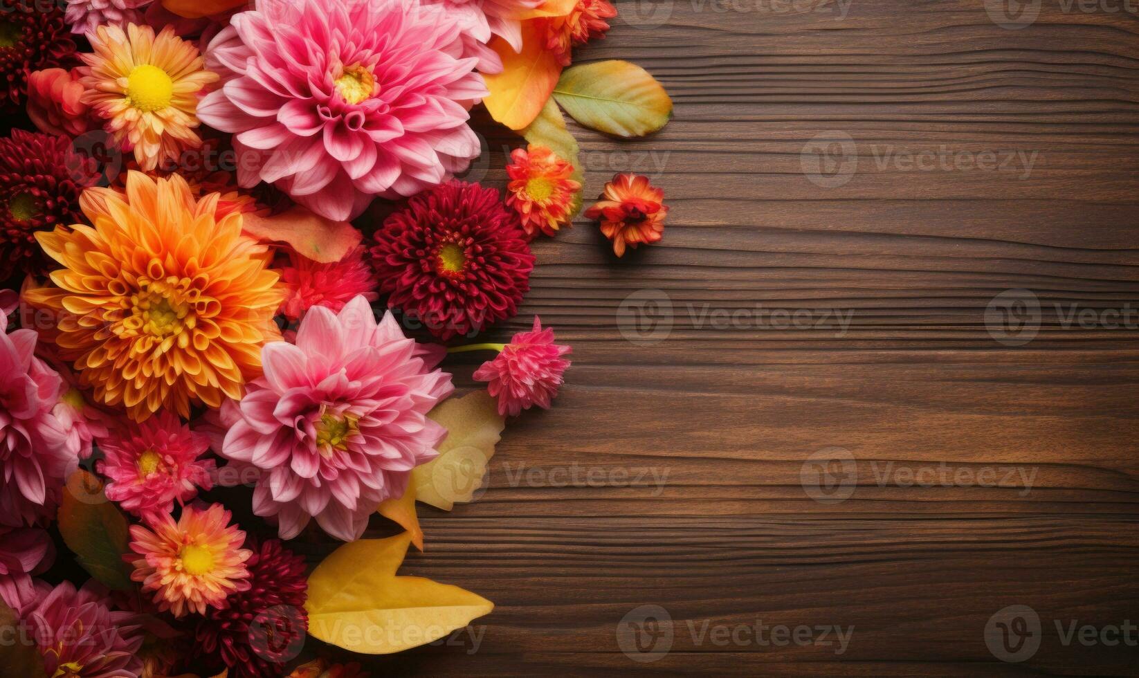 Ai generated Autumn flowers frame on wooden background. Seasonal yellow and red flowers. Autumn background. Space for text. photo