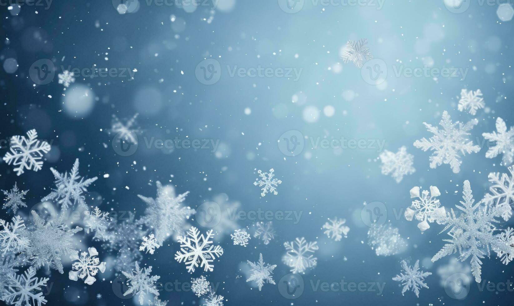 Ai generated Falling snowflakes on blue background. Blurred snowflakes. Christmas background. photo