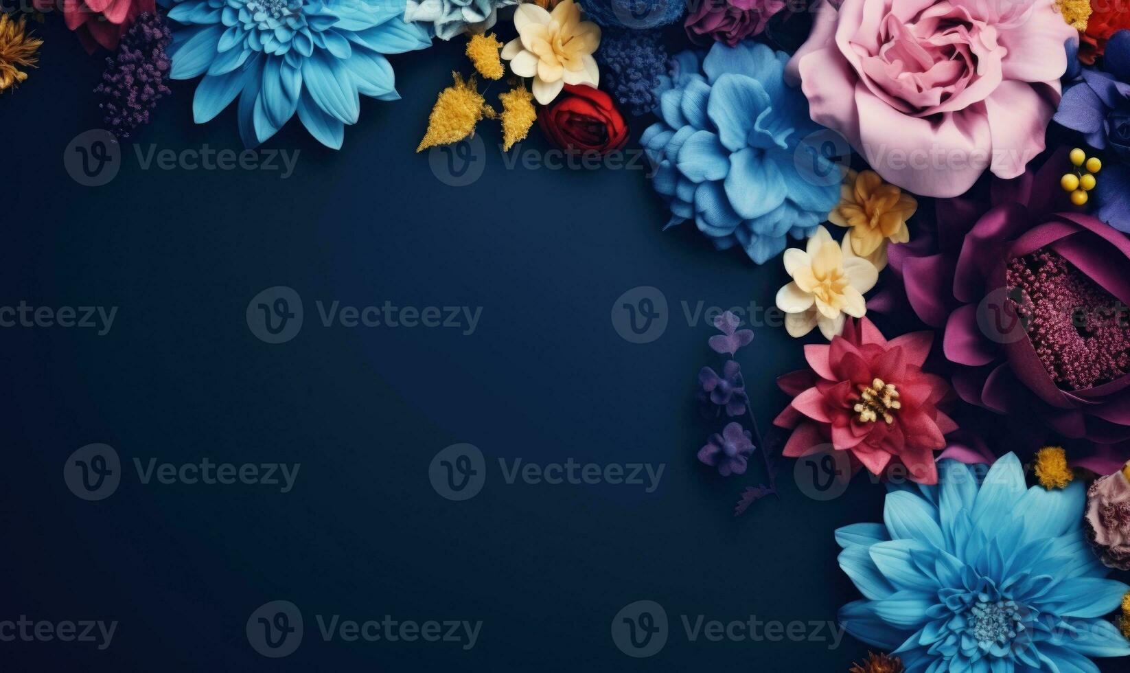 Ai generated Autumn flowers frame on wooden background. Seasonal yellow and red flowers. Autumn background. Space for text. photo