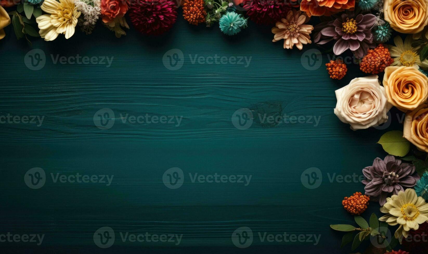 Ai generated Autumn flowers frame on wooden background. Seasonal yellow and red flowers. Autumn background. Space for text. photo