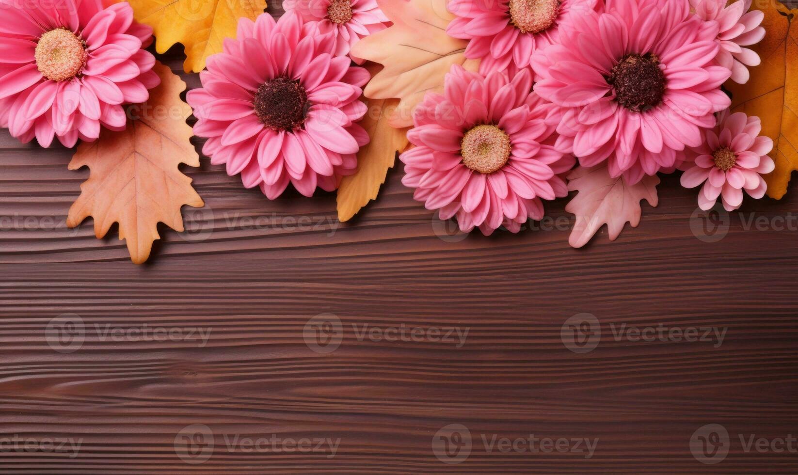 Ai generated Autumn flowers frame on wooden background. Seasonal yellow and red flowers. Autumn background. Space for text. photo
