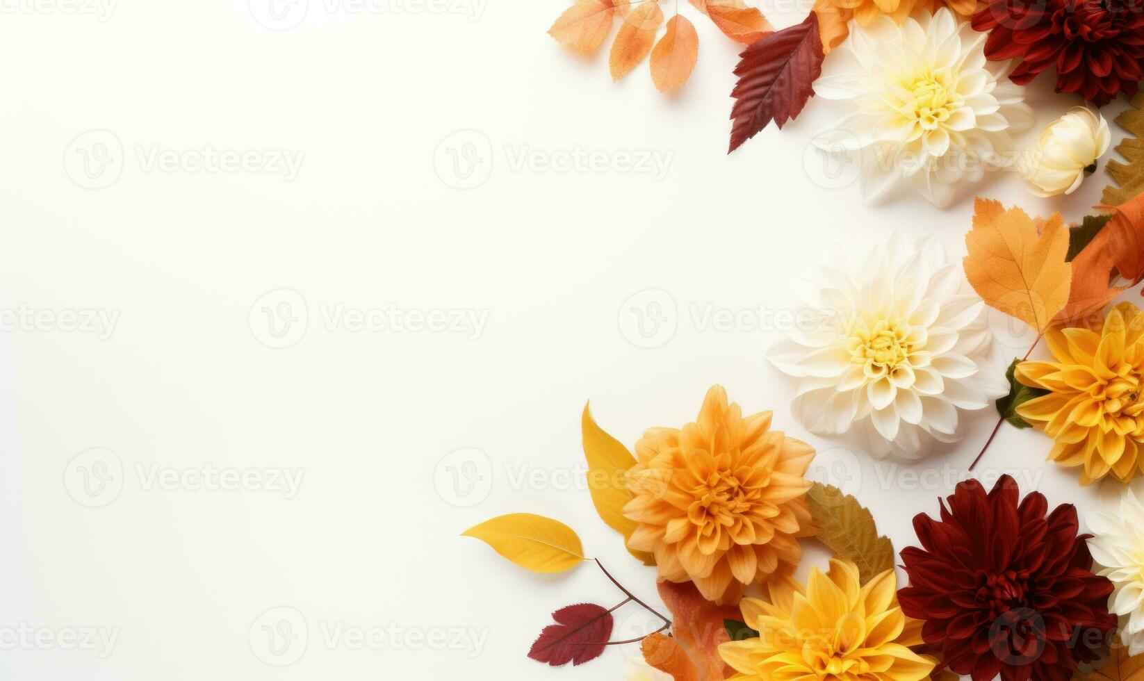 Ai generated Autumn flowers frame on wooden background. Seasonal yellow and red flowers. Autumn background. Space for text. photo