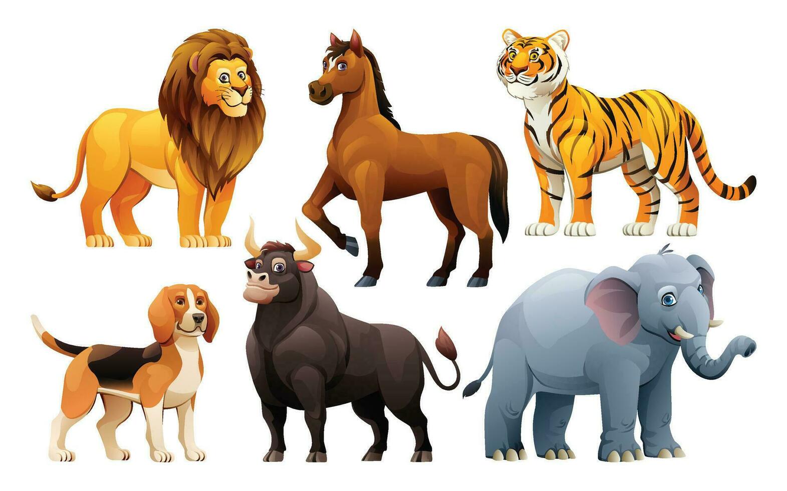 Set of animals vector cartoon illustration. Lion, horse, tiger, dog, bull and elephant